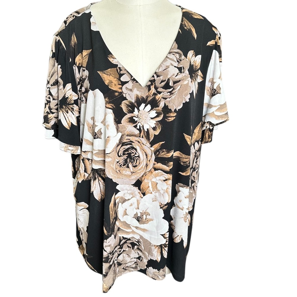 Calvin Klein Plus 2X Floral Coquette V-Neck Flutter Sleeve Tunic Stretch Flowy‎